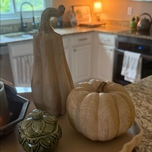 Decorative Pumpkins and Green Jar